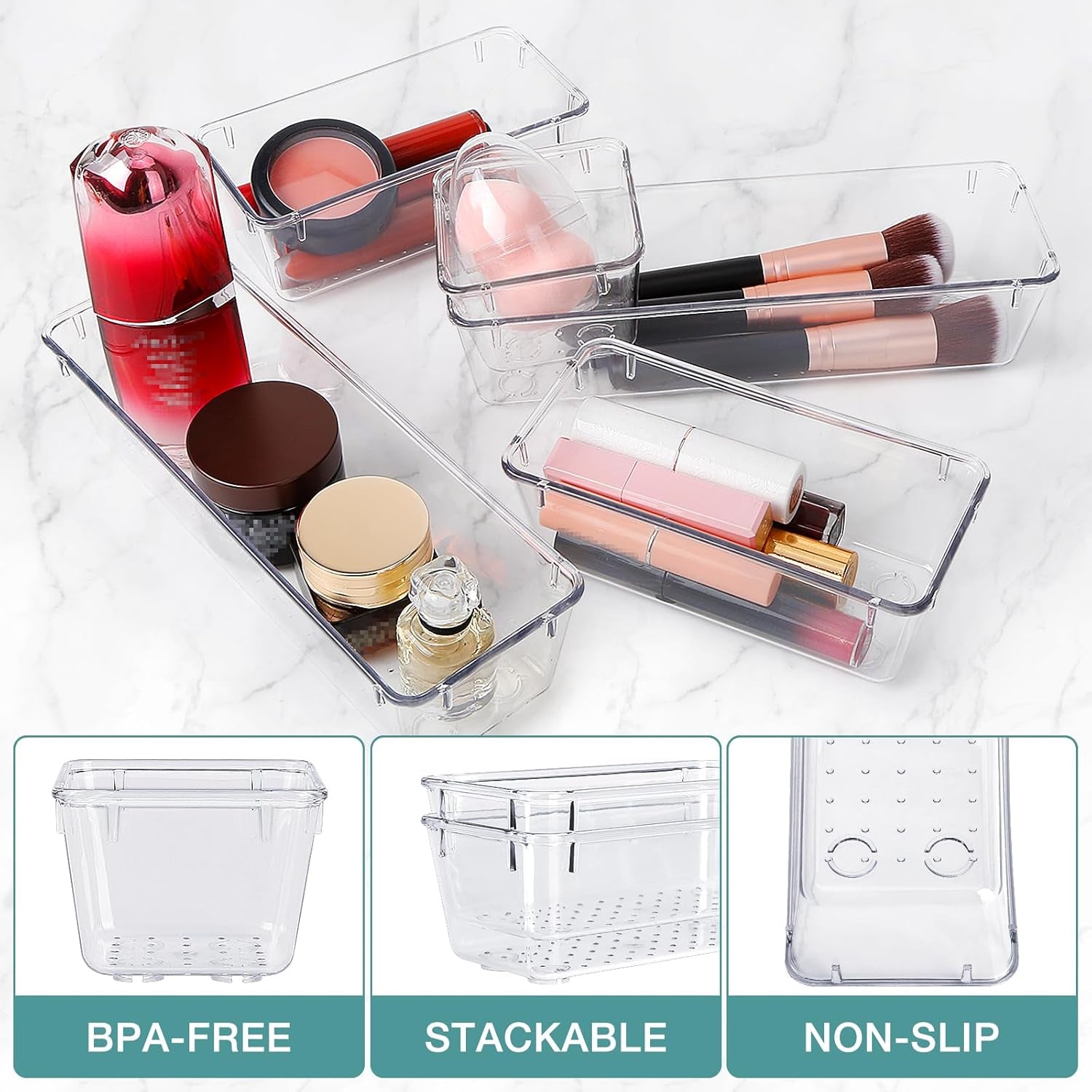 16 PCS Drawer Organizer Set, 5 Size Bathroom and Kitchen Organizer Trays