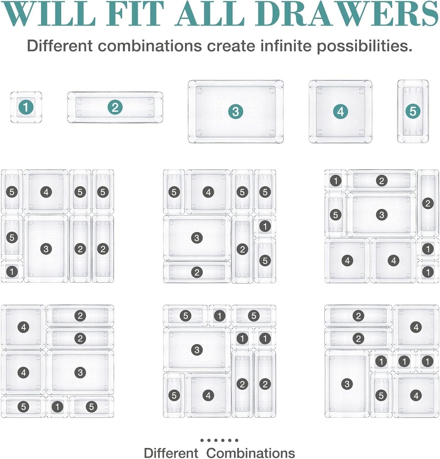16 PCS Drawer Organizer Set, 5 Size Bathroom and Kitchen Organizer Trays