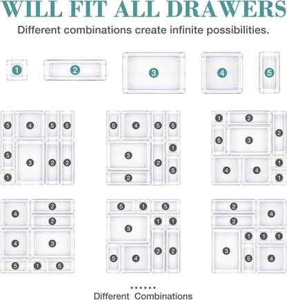 16 PCS Drawer Organizer Set, 5 Size Bathroom and Kitchen Organizer Trays