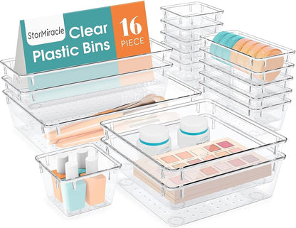 16 PCS Drawer Organizer Set, 5 Size Bathroom and Kitchen Organizer Trays
